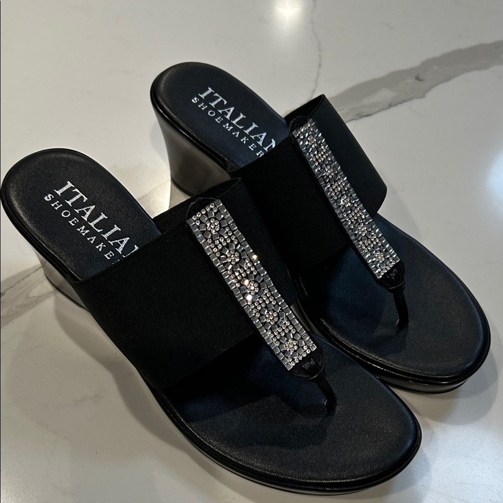 Italian Shoemakers Black Rhinestone Wedge Sandals